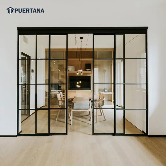 Black Narrow Frame Aluminum Interior Panels Three Rail Linkage Glass Sliding Door 